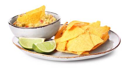 Plate with tasty nachos and sauce on white background