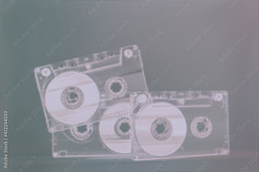 Aufkleber Beautiful Audio cassette tape in neon  light. Minimalism retro style concept. 80s. Background pattern for design. Macro  photography view. Close-up of pixel.