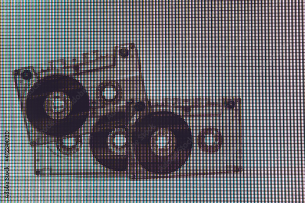 Aufkleber Beautiful Audio cassette tape in neon  light. Minimalism retro style concept. 80s. Background pattern for design. Macro  photography view. Close-up of pixel.