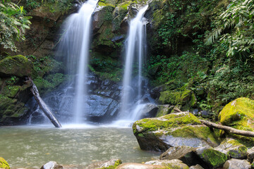 waterfall in the forest or motion of water at brook of water fall. with tree leaf and stone rock....
