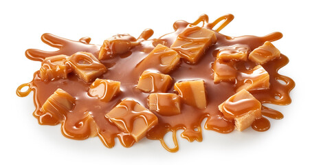 Splash of caramel sauce with fudge candies. Top view of sweet treat portion isolated on white...