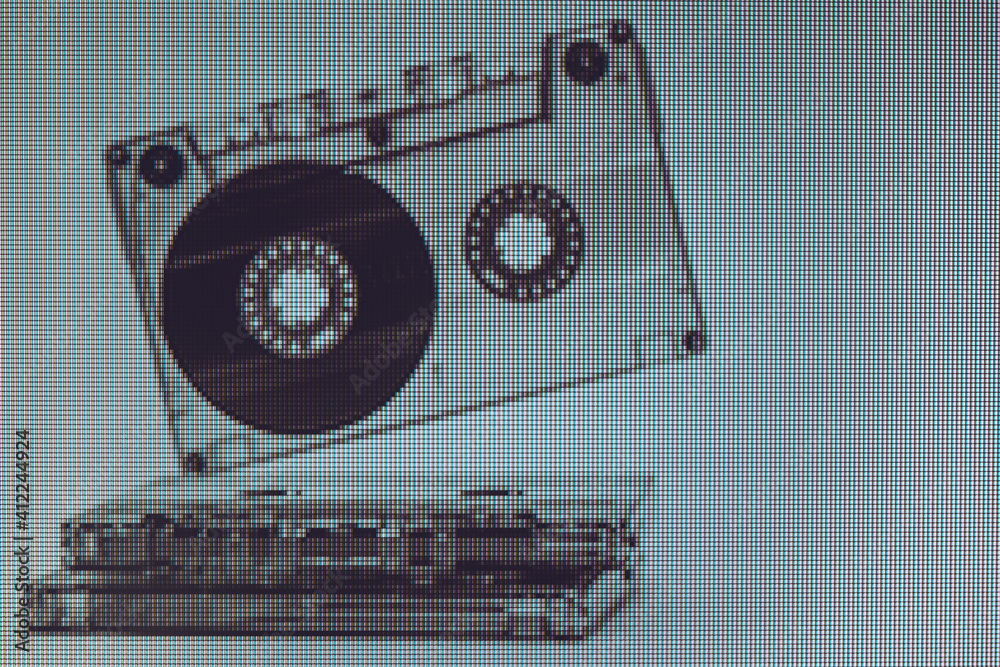 Poster beautiful audio cassette tape in neon light. minimalism retro style concept. 80s. background pattern