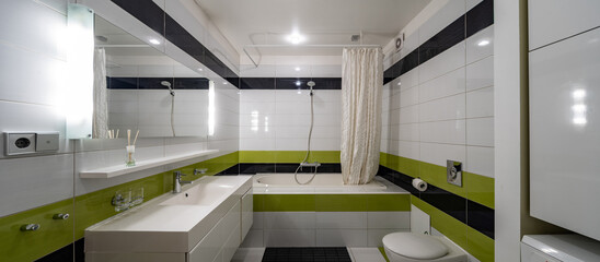 Contemporary interior of bathroom in modern flat. Black and green tile. Sink and mirror. Bath with...