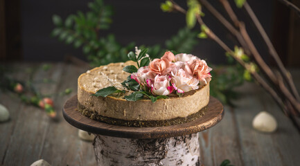 Delicious and beautiful raw cake decorated with tenderness fresh flowers. Concept of romantic mood and spring atmosphere