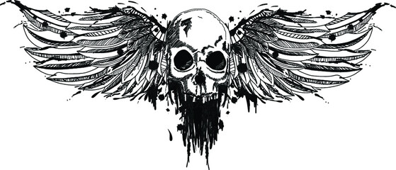 hand drawn Skulls Wings Tattoo.Sketch design Horror skull with floer and wings of bird isolate on white background. 
