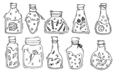 Vector set of magic bottles, chemistry, alchemist, children cartoon laboratory, colorful witch elements, iquid, elixir. Children coloring book, coloring page