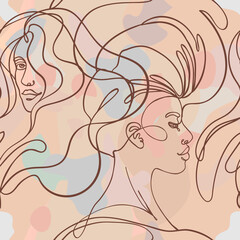 Abstract seamless pattern in modern simple style. Female faces. One line drawing. Design for wrapping paper, wallpaper, fabrics and fashion clothes.