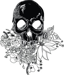 Fototapeta premium hand drawn Skulls Wings Tattoo.Sketch design Horror skull with floer and wings of bird isolate on white background. 