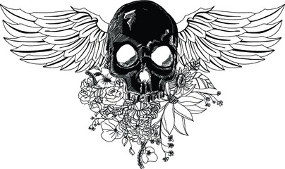 Fototapeta premium hand drawn Skulls Wings Tattoo.Sketch design Horror skull with floer and wings of bird isolate on white background. 
