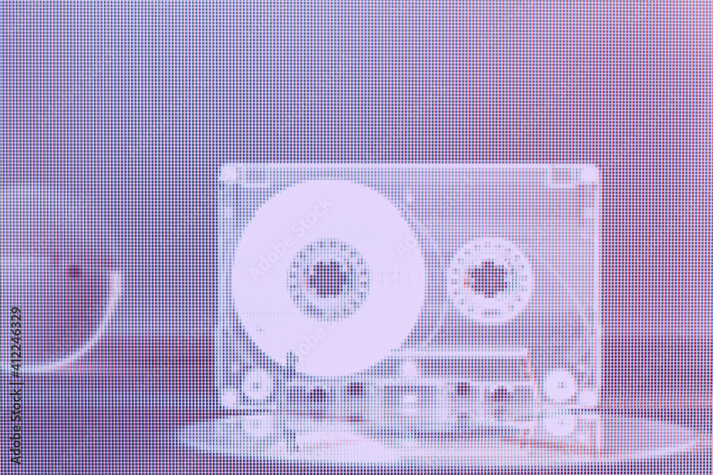 Aufkleber Beautiful Audio cassette tape in neon  light. Minimalism retro style concept. 80s. Background pattern for design. Macro  photography view. Close-up of pixel.