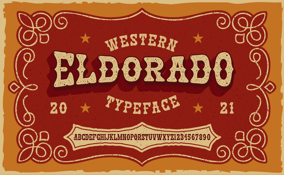 A vintage serif font in western style. This font looks better for short phrases, headlines and can be used for many creative products, such as shirt prints, alcohol labels,  and many other uses