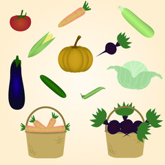 set of farm vegetables with baskets