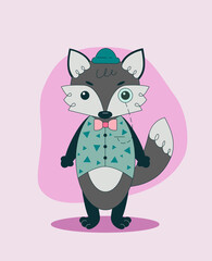 Vector illustration of an anthropomorphic wolf in a static pose and a simple background. The gentleman is dressed in a vest and a hat, accessories - a monocle and a bow tie.