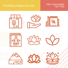 Simple set of lotus related lineal icons.