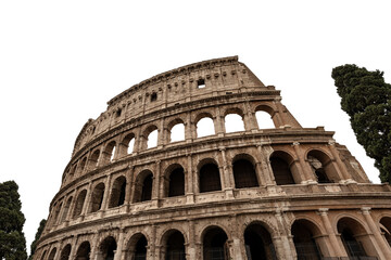 Fototapeta premium Colosseo of Rome. Isolated on white background, Amphitheatrum Flavium 72 a.D. Ancient Coliseum or Colosseum. UNESCO world heritage site. Lazio, Italy, Europe.