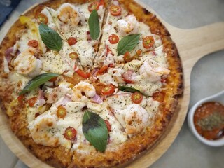 pizza on a wooden board