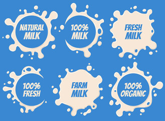 Splash and blot milk labels set. Design, shape creative illustration