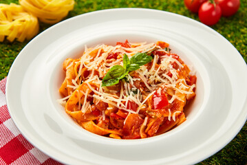 Classic italian pasta arrabiata with basil and freshly parmesan cheese on a green grass background