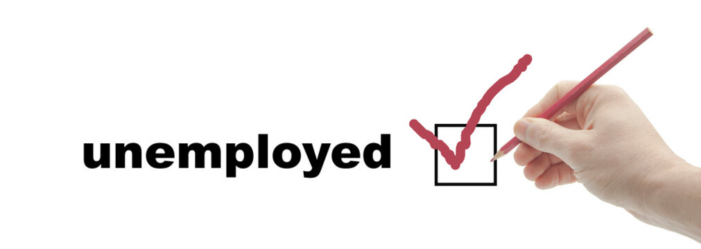 Checklist concept. Unemployed check mark on white paper with pen. pencil in hand. man holding a pen. the inscription on the image is unemployed