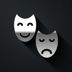 Silver Comedy and tragedy theatrical masks icon isolated on black background. Long shadow style. Vector.