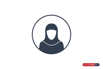 Muslim Woman Icon. Simple Muslim Woman Face with Hijab in Circle Line Frame isolated on White Background. Flat Vector Icon Design Template Element.
