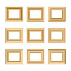Big set of squared golden vintage wooden frame for your design. Vintage cover. Place for text. Vintage antique gold beautiful rectangular frames. Template vector illustration.