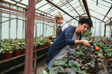 woman garden worker in green center