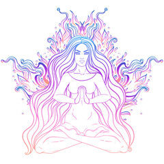 Beautiful Girl sitting in lotus position over ornate colorful neon background. Vector illustration. Psychedelic mushroom composition. Buddhism esoteric motifs. Tattoo, spiritual yoga. 