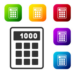Black Calculator icon isolated on white background. Accounting symbol. Business calculations mathematics education and finance. Set icons in color square buttons. Vector.