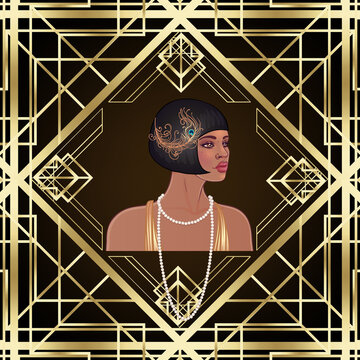 Retro fashion, glamour girl of twenties African American woman. Vector illustration. Flapper 20s style. Vintage party invitation design template. Fancy black lady.