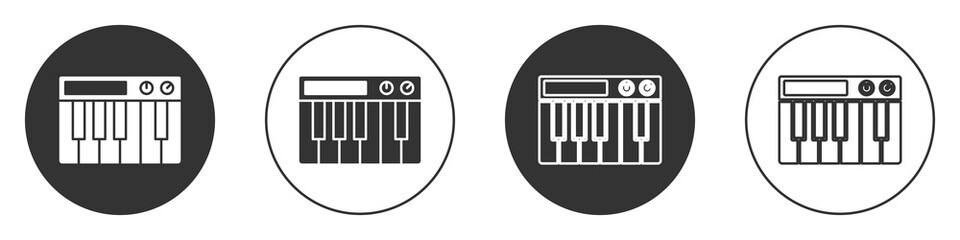 Black Music synthesizer icon isolated on white background. Electronic piano. Circle button. Vector.