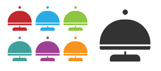 Black Covered with a tray of food icon isolated on white background. Tray and lid sign. Restaurant cloche with lid. Set icons colorful. Vector.