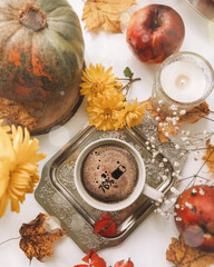 autumn still life with pumpkin and apple