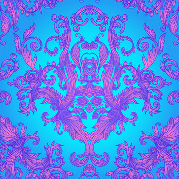 Vintage baroque floral seamless pattern in bright neon colors. 1980s style. Ornate vector decoration. Luxury, royal and Victorian concept. Vintage design with repetition. Heraldic floral texture.
