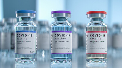SARS-COV-2 COVID-19 Coronavirus Vaccine Production in Laboratory, Close-up Shot of 3 Bottles with...