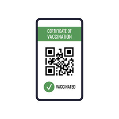 Certificate of vaccination on mobile phone screen with qr-code and pass check mark vaccinated. Health passport app with on-line tracking coronavirus infection immune. Flat design vector illustration.