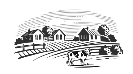 cows chewing grass on background of farm