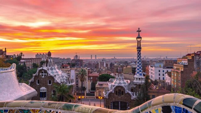 Barcelona Park Guell Sunrise Night to Day Timelapse