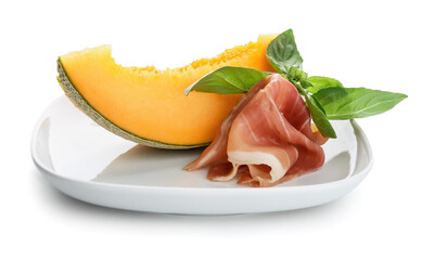 Plate with delicious melon and prosciutto on white background