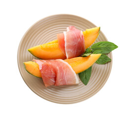 Plate with delicious melon and prosciutto on white background