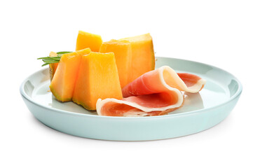 Plate with delicious melon and prosciutto on white background