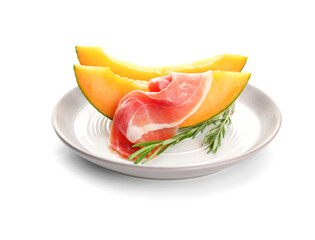 Plate with delicious melon and prosciutto on white background