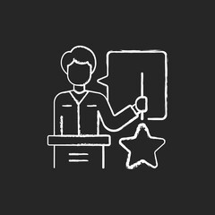 Knowledgeable presenter chalk white icon on black background. Lecturer near the blackboard tells. Workshop. Man expresses thoughts. Holds star. Isolated vector chalkboard illustration