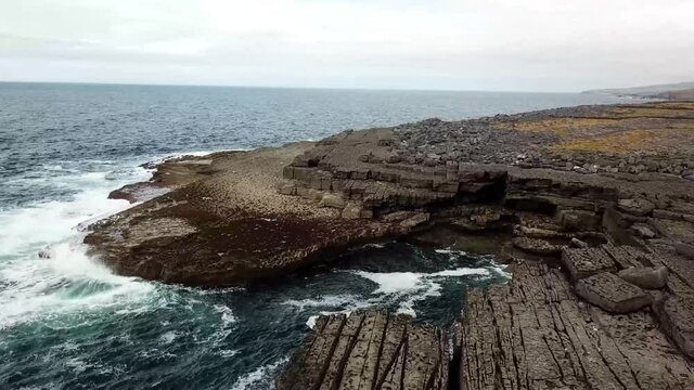 Drone flies over the stony coast of Doolin Co. Clare in Ireland