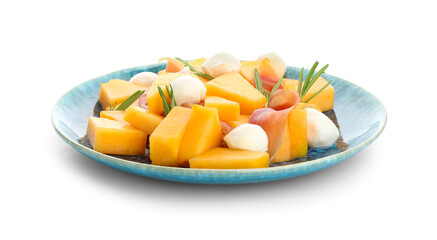 Plate with delicious melon, mozzarella and prosciutto on white background