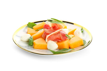Plate with delicious melon, mozzarella and prosciutto on white background