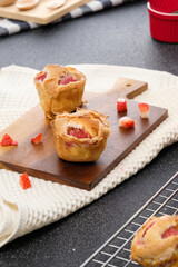 Homemade Strawberry cake topping with icing sugar. Sweet food. Sweet dessert. perfect summer season dessert served on plate.