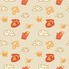 Chinese seamless pattern with money bags, Chinese cloud and coin doodle on yellow-cream background.