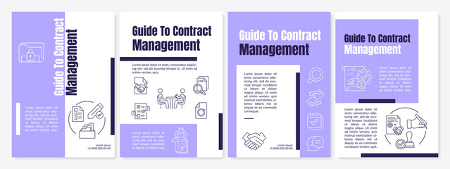 Guide to contract management brochure template. Agreements planning. Flyer, booklet, leaflet print, cover design with linear icons. Vector layouts for magazines, annual reports, advertising posters