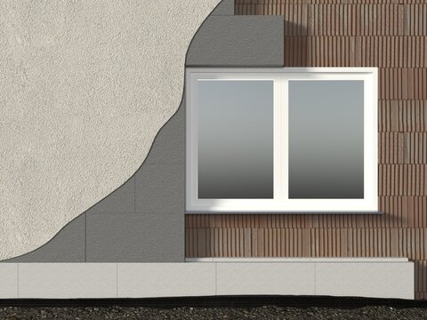 Ein halb verputztes D&auml;mmsystem an der Fassade, das WDVS wurde mit EPS Fassadend&auml;mmplatten und D&auml;mmplatten am Sockel versehen, w&auml;hrend der Fensterbereich noch offen liegt, frontale Ansicht